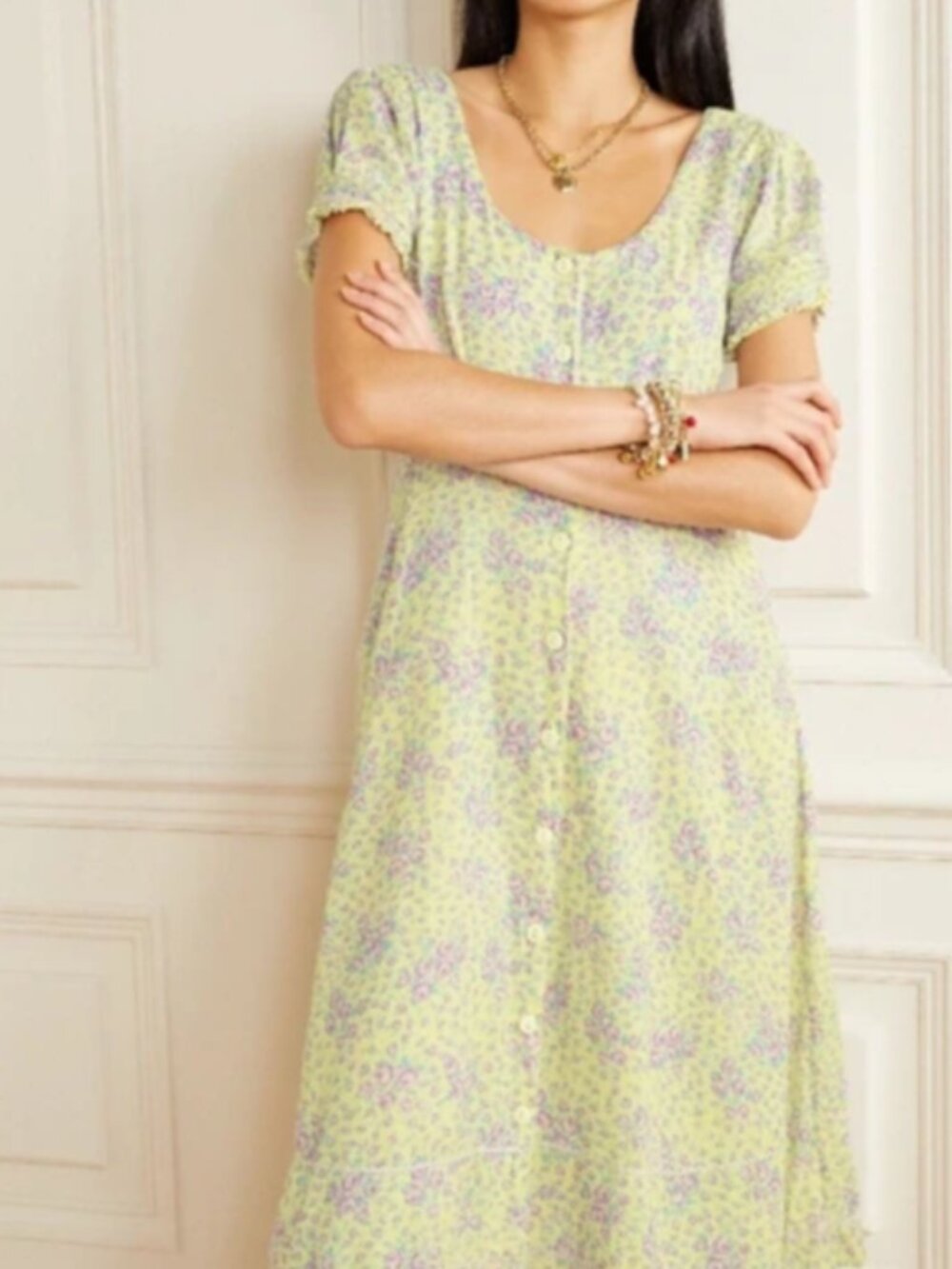 LoveShackFancy Floral Midi Dress Size 4 Yellow Purple Cottagecore Cotton